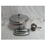 Stainless Steel & Silver Plate Dishes, Pyrex Bowl