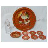 Vintage Metal Santa Tray, Ashtray & Coaster Set