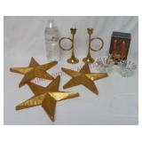 Wooden Holiday Stars, Brass & Glass Candlesticks