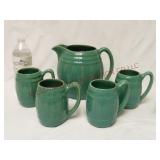 Barrel Shaped Yellow Ware Pottery Pitcher & Mugs