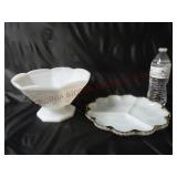 Vintage Milk Glass Pedestal Bowl & Divided Dish