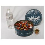 Fruit Cake Tin FULL of Small Wooden Tree Ornaments