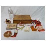 Wooden Box of Vintage Christmas Ornaments & Candle