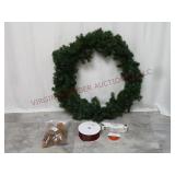 24" Artificial Wreath, Ribbon, Pinecones & Lights