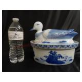 Blue & White Swimming Duck Covered Dish Tureen