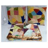 Vintage Feather Stitched Crazy Quilt & Pillow Set