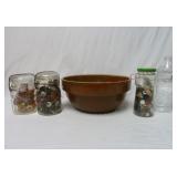 Primitive Stoneware Bowl, Jars of Buttons & Thread