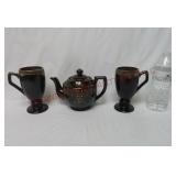 Vintage Redware / Red Ware Footed Mugs & Tea Pot