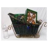 Wicker Sled w Ornaments & String Lights