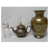 Silver Plate Tea Pot & Etched Brass Urn Vase