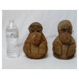 Carved Coconut Tiki Monkeys ~ Lot of 2 ~ 7.5" tall