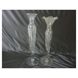 (2) Clear Glass Bud Vases w/ Etched Flowers