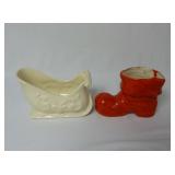 Lot of 2 Christmas Planters ~ Santa Boot & Sleigh