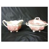 Red Transferware Sugar & Creamer