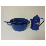 Lot of Blue Enamelware ~ Coffee Pot & (2) Pans