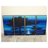 Vintage 4-Part Moonscape Painting on Canvas