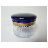 Vintage Glass Powder Jar w/ Gold Band & Cobalt Lid