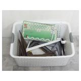 Plastic Bin of Shelf Brackets & Storage Hook