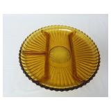 Vintage Amber Glass Divided Dish ~ 10" Across Rim