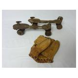 Vintage Baseball Glove & Steel Roller Skates