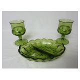 Vintage Green Glass Divided Dish & Goblets