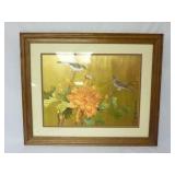 Floral & Birds Painting on Silk, Framed & Matted