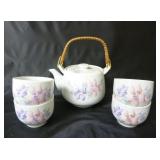 Wicker Handled Tea Set ~ Teapot & 4 Matching Cups