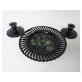 Vintage Black Glass Plate & Candlesticks