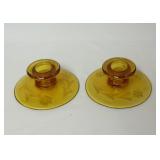 Pair of Amber Glass Floral Etched Candlesticks