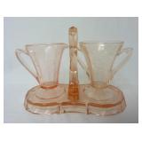 Pink Depression Glass Sugar & Creamer w/ Caddy
