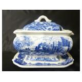Vintage Blue Transferware Tureen, Lid & Underplate