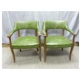 Pair of Mid-Century Green Vinyl & Wood Armchairs
