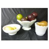 (3) Milk Glass Bowls & Faux Fruit