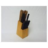 Wood Knife Block w/ Plastic & Wood Handle Knives