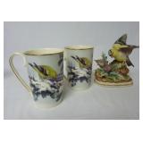 (2) Lenox Gold Finch Mugs & Bird Figurine