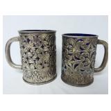 (2) Cobalt Blue Glass & Metal Steins Mugs