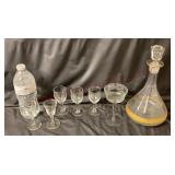 Vintage Gold Banded Decanter & Assorted Stemware