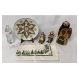 German Plate, Ornaments, Burlap Angel & 32" Cloth