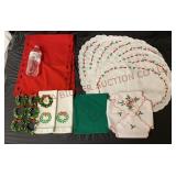 Vintage Christmas Holly Table Linens, Napkin Rings