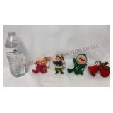 Vintage Flocked Ornaments - Clown, Elves & Bells