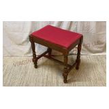 Vintage Upholstered Wooden Stool w Stretcher Base
