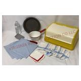 Lusterware Bread Box, Pans, Spatula & Linens