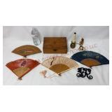 Hand Fans, Cigar Box, Brass Lamp & VMC Trivet