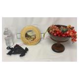 Vintage Trivet, Flue Cover, Wood Bowl w Grapes