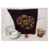 Vintage Wool Needlepoint, Chamber Pot & Pitchers