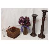 Basket, Artificial Flowers & Large Candle Stands