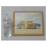 Wiscombe Beach Woody Car & Surfboard Print on Wood