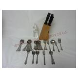Knife Block & Assorted Flatware / Silverware