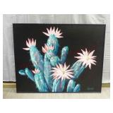 Framed Paint on Canvas of Blooming Cactus
