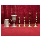 Pewter Mug, Goblet & 2 Brass Candle Holder Sets